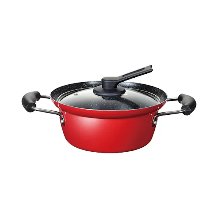 にこみーな IH対応 フチ付両手鍋20cm(RB-1695) ふきこぼれにくい フッ素樹脂加工 立てて置けるスタンド式つまみフタ 重ねて収納 和平フレイズ #4903779116957