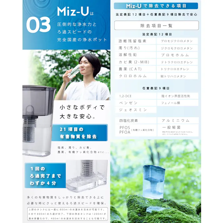 ポット型浄水器 Miz-U ミズユー フィルターカートリッジ1本付き ろ過水量 1.2L MIZ-U-FLCN01【浄水器 ポット PFOS PFOA 除去 浄水ポット 水道水 飲む 日本製】 本体