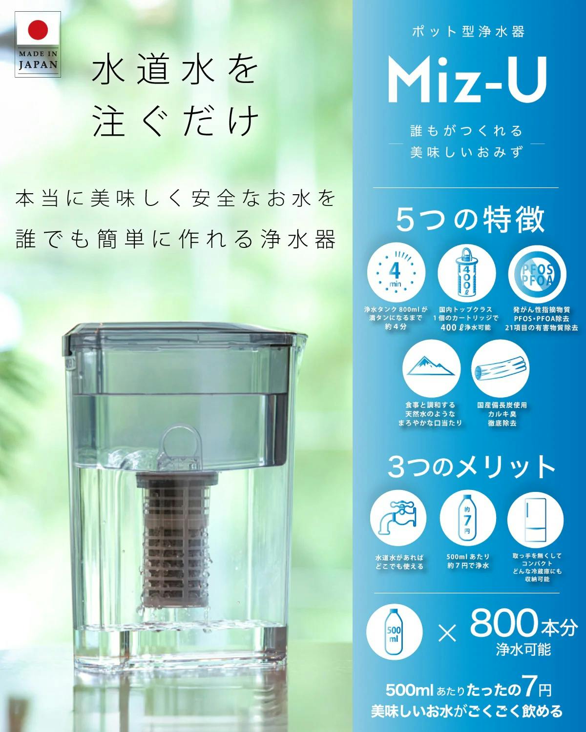 ポット型浄水器 Miz-U ミズユー フィルターカートリッジ1本付き