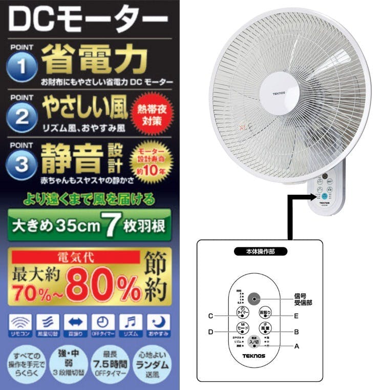 【新品未使用】 DC壁掛け扇風機 35cm フルリモコン 送料無料 壁掛けフルリモコン扇風機 35cmKI-DC369 - TEKNOS (テクノス