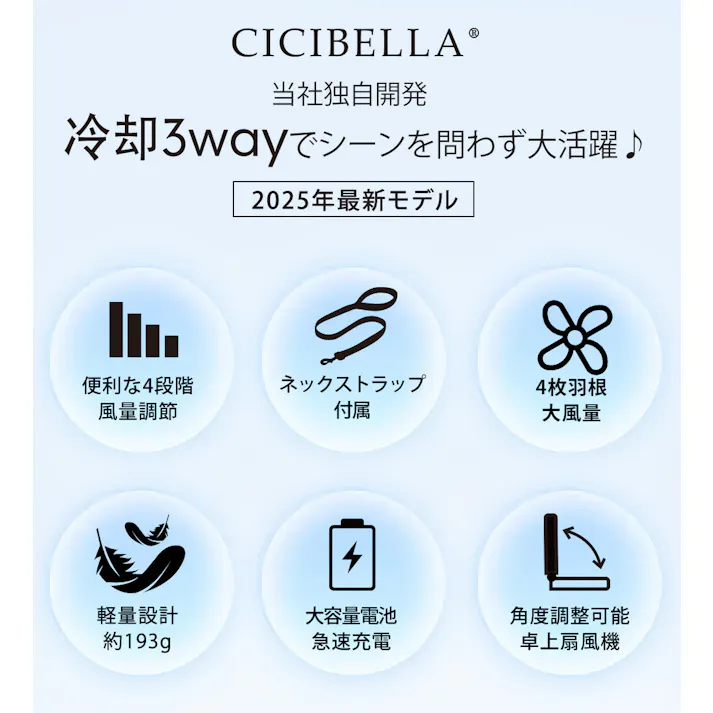 CICIBELLA シシベラ 冷却プレート付きハンディファン \2025夏新商品/ 熱中症対策 猛暑対策 3WAY 1台3役 首かけ・手持ち・卓上 冷却プレート ペルチェ付き 超静音 卓上扇風機 首かけ 小型 大風量 充電 長時間 軽量 / パールレース(e23-59322)