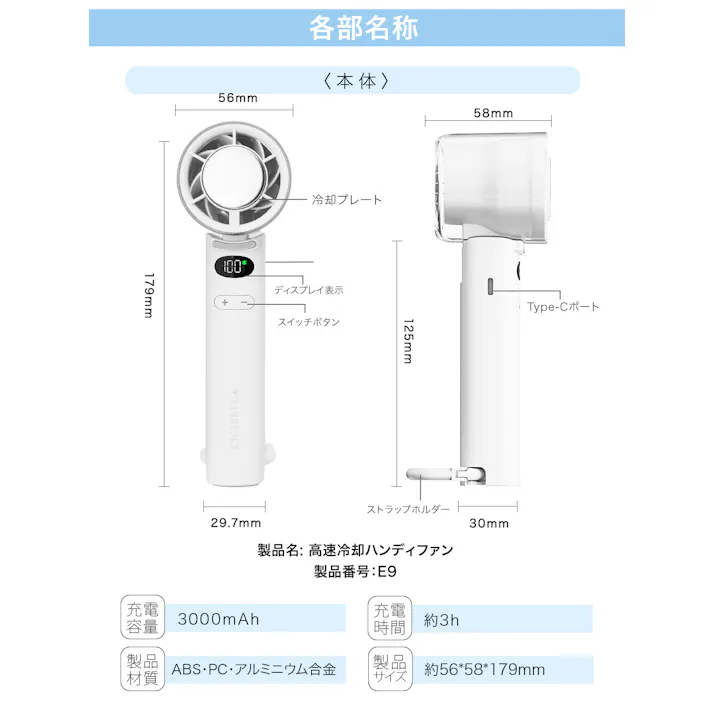 CICIBELLA シシベラ ハンディファン 高速冷却プレート付き\2025夏新商品/ 熱中症対策 猛暑対策 100段階 大風量 超軽量 強力冷却プレート搭載 ペルチェ付きミニ扇風機 卓上 小型 携帯 充電 Type-C対応 手持ち 長時間 / スノーグレー(e9-58578)