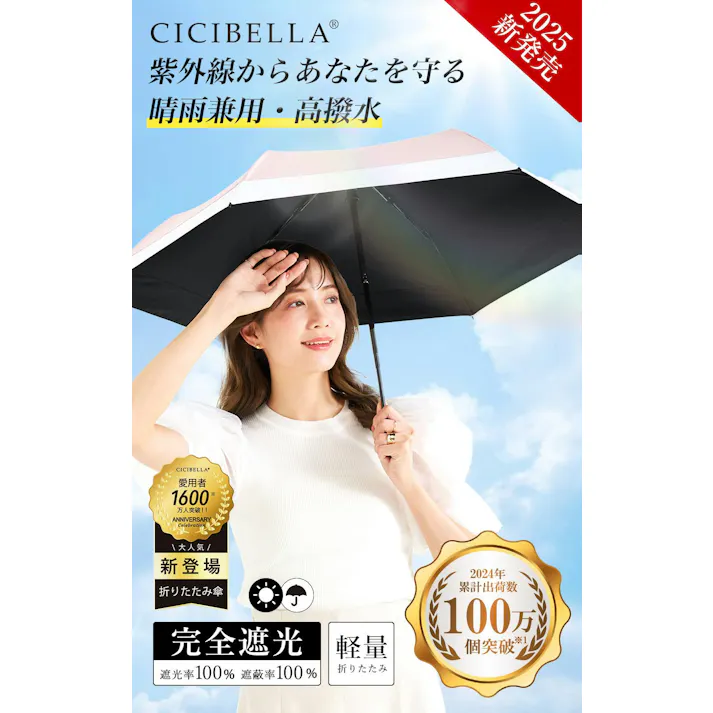 超軽量 日傘 コンパクト 約145g 折りたたみ傘 遮光 UVカット 完全遮光 晴雨兼用 風に強い / コンパクト バイカラー ライラックアッシュ×スノーグレー(k15-59865) CICIBELLA シシベラ