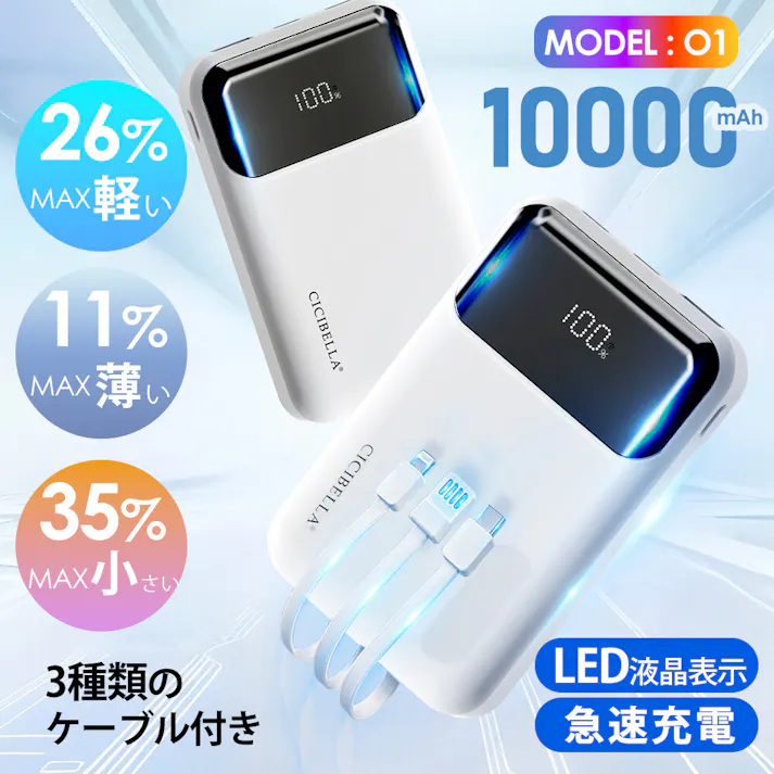 CICIBELLA シシベラ 3in1 モバイルバッテリー 大容量 10000mAh 軽量 急速充電 2台同時対応 スマホ充電器 / グレージュレース(o1-59247)