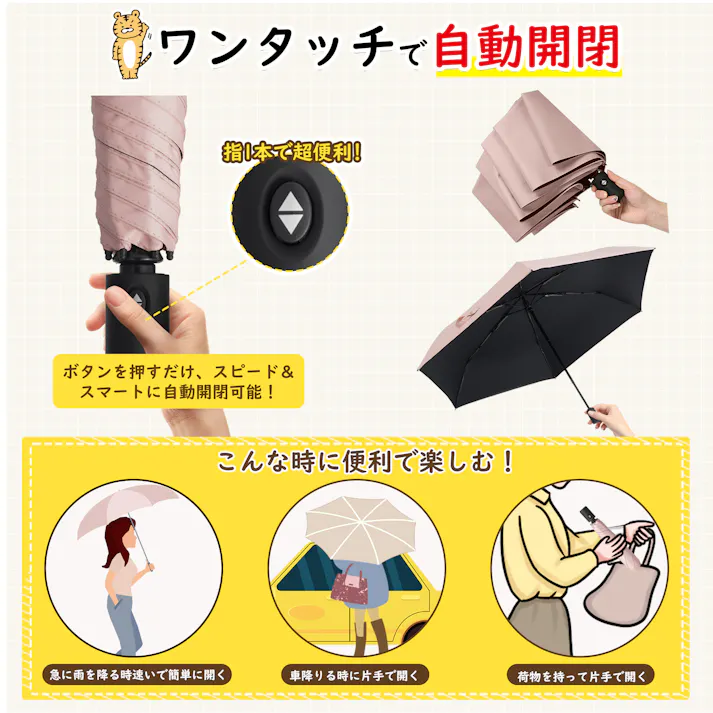 日傘 折りたたみ傘 UVカット100% 完全遮光 遮熱 ワンタッチ自動開閉 折り畳み傘 超軽量 コンパクト 折り畳み日傘 紫外線遮断 日焼け止め 耐風撥水 晴雨兼用 携帯便利 オフホワイト×ビーングリーン