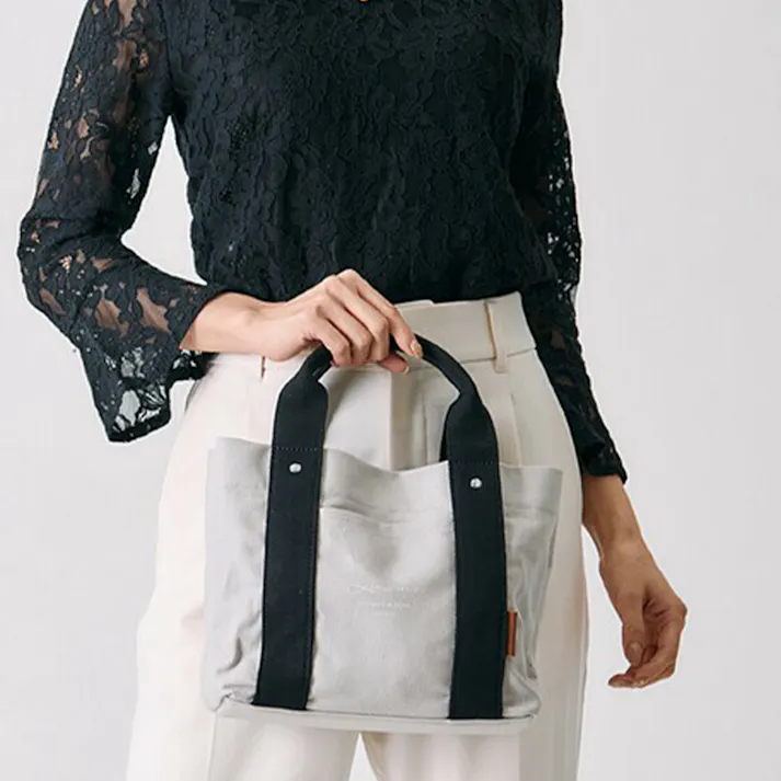 トートバッグ ミニバッグ キャンバス 大人気 仕切り ミニトートバッグ LIZDAYS リズデイズかわいい おしゃれ 女子 シンプル 北欧 /ライトグレー/ブラック #lz-7030-lgybk