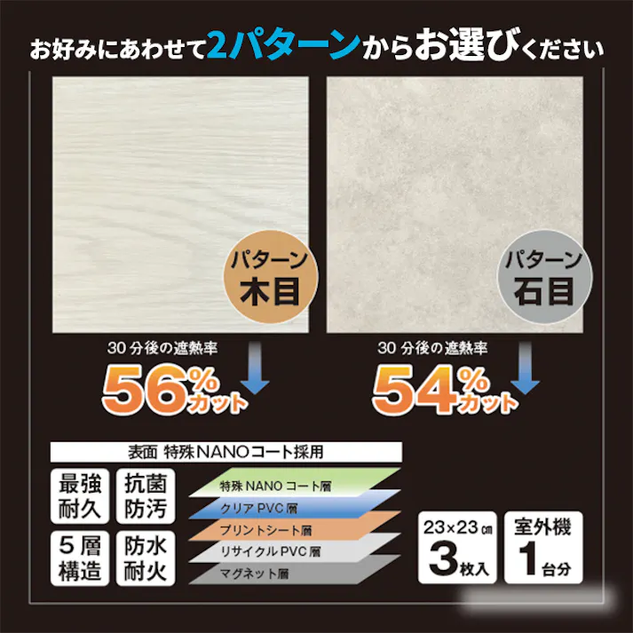 インテリアショップゆうあい 室外機 遮熱シート エアコン 室外機カバー 日除け マグネット 日よけ おしゃれ 省エネ エコ 節電 置くだけ 室外機用 遮熱マグネットタイル 3枚入 単品 石目 (Y)