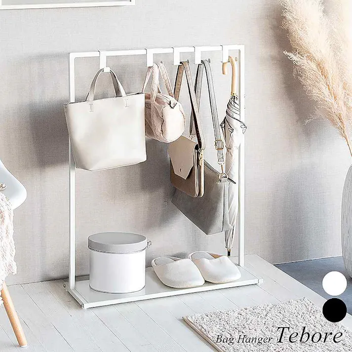 シンプルバッグハンガー Tebore(テボーレ)カバン掛け バッグ ラック 収納 鞄 おしゃれ 鞄収納 フック スタンド 鞄置きリュック スリム 省スペース 棚付 スチール 頑丈 マルチ ハンガー 帽子 ランドセル