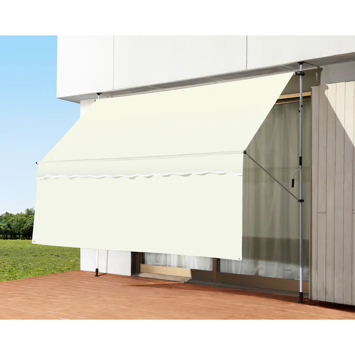 日よけ スクリーン&ブラインド すだれ付き 【300cm幅・アイボリー】 伸縮式つっぱり棒 高さ調節 角度 調節可能 レバー巻き上げ デッキやベランダ簡単設置 節電対策 省エネ効果 UVカット はっ水加工 お客様組み立て式 #flife-4589978096612