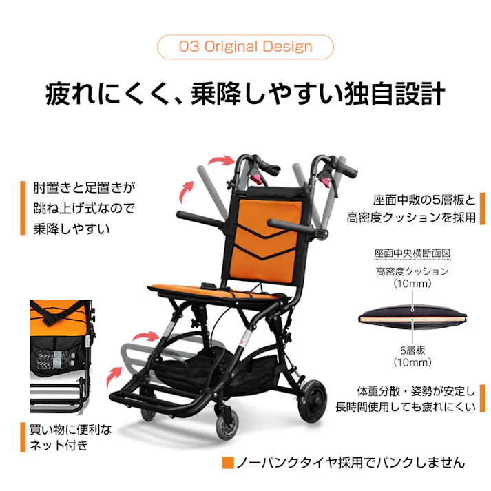 【Nice Way10(ナイスウェイ)オレンジ】 ちあふる 旅行 災害時 アルミ製折畳 介助式車椅子 折畳時国内最小クラス 安心ブレーキ設計 肘置きと足置きが跳ね上げ式 折り畳んでコンパクト 丈夫で軽い ノーパンクタイヤ 持ち運び用リュック付き JAN:4582452810315