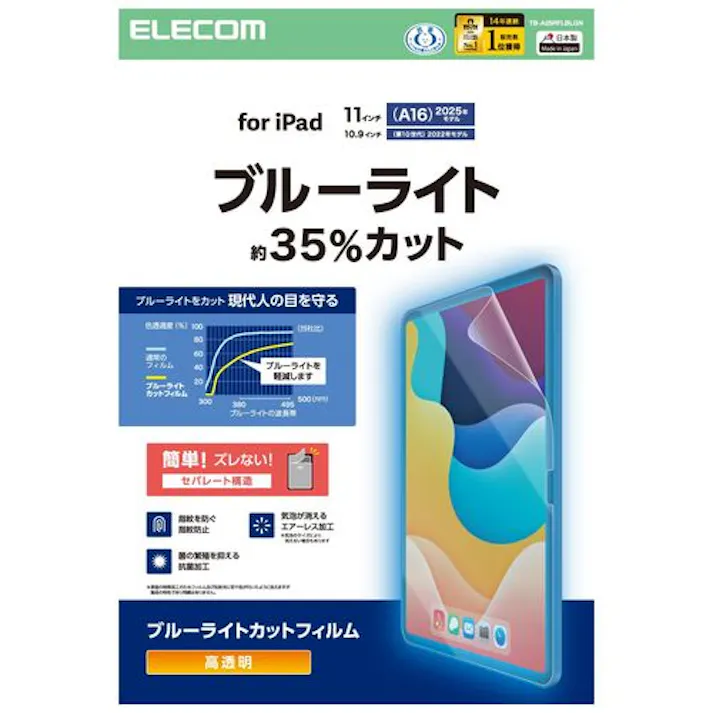 iPad A16 11インチ/第10世代 10.9インチ フィルム 高透明 ブルーライトカット 固定シール付 抗菌 指紋防止