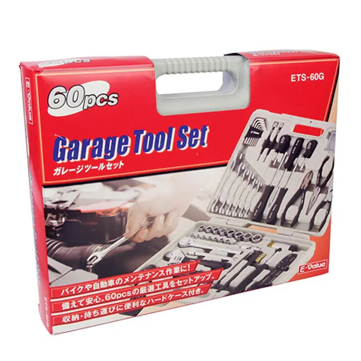 ガレージツールセット E-Value バイク 自動車 メンテナンス ガレージ 工具セット 60組 ツールボックス 工具箱 ツールセット ドライバー ブラシ ニッパー ペンチ レンチ ハードケース 家庭用 プラモデル 日曜大工 DIY 趣味 仕事 藤原産業 ETS-60G
