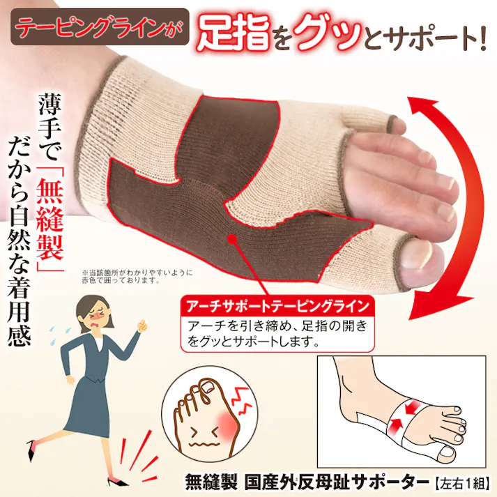 【無縫製 国産外反母趾サポーター (左右1組)】 ちあふる 綿混爽快!テーピングラインが足指をグッとサポート。薄手で無縫製だから自然な着用感。靴下の重ね履きOK JAN:4580372172209