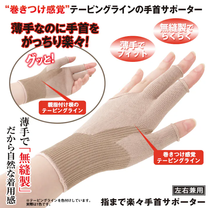 【指まで楽々手首サポーター S-M 2枚セット】 ちあふる 親指のつけ根を巻き付けるように配置したテーピングラインが手首をグッとサポートする薄手サポーター。人差し指と中指は指サポートがついるので、長時間指を動かす人にもやさしいタイプ。JAN:4580372172551