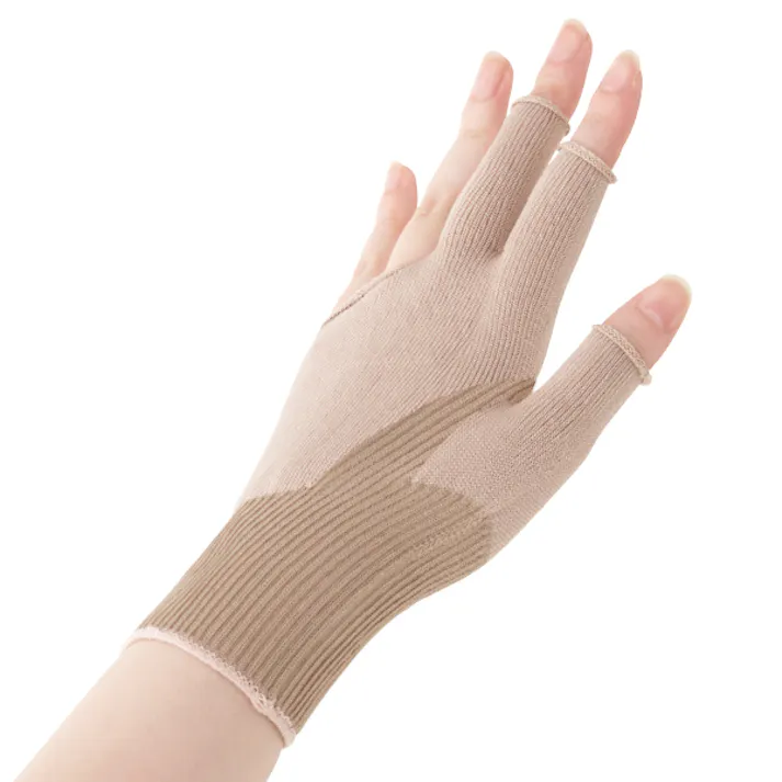 【指まで楽々手首サポーター S-M 2枚セット】 ちあふる 親指のつけ根を巻き付けるように配置したテーピングラインが手首をグッとサポートする薄手サポーター。人差し指と中指は指サポートがついるので、長時間指を動かす人にもやさしいタイプ。JAN:4580372172551