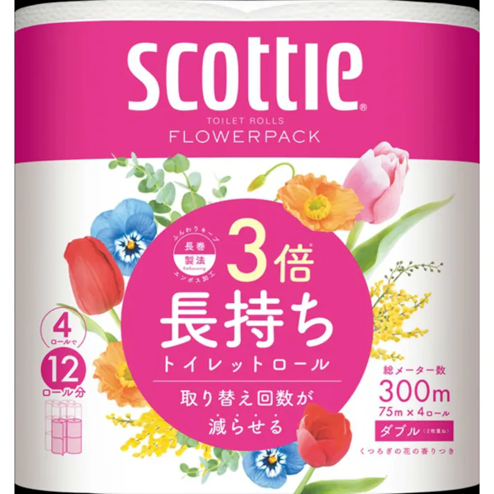 【12パックまとめ買い】スコッティ フラワーパック 3倍長持ち 【75m】×4ロール(ダブル)×12パック 【送料込み】 #hrm-4901750227302
