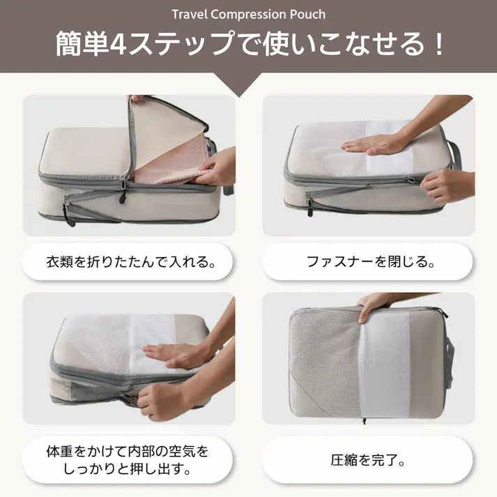 トラベルポーチ 4点セット 圧縮 おしゃれ 圧縮袋 衣類 旅行 収納ポーチ バッグインバッグ 圧縮トラベルポーチ コンパクト 収納 撥水 仕切り ファスナー 国内旅行 海外旅行