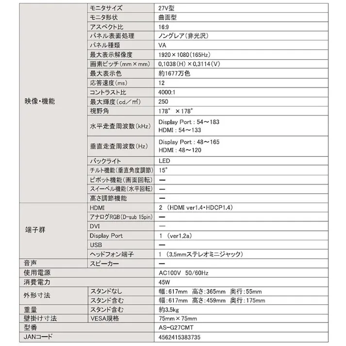 液晶モニター 27型 27インチ フルハイビジョン FHD 曲面 ゲーミングモニター ディスプレイ PCモニター ノングレアパネル 壁掛け対応 27V型 WIS AS-G27CMT