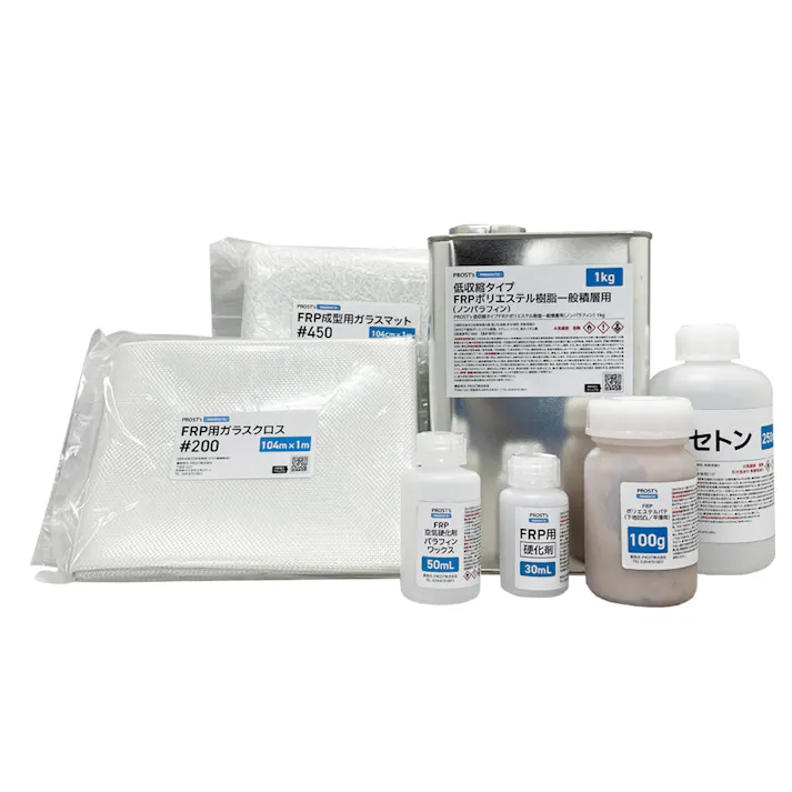 低収縮タイプパラフィン付FRP補修6点キット樹脂1kg一般積層用硬化剤ガラスマットアセトンパテクロス付
