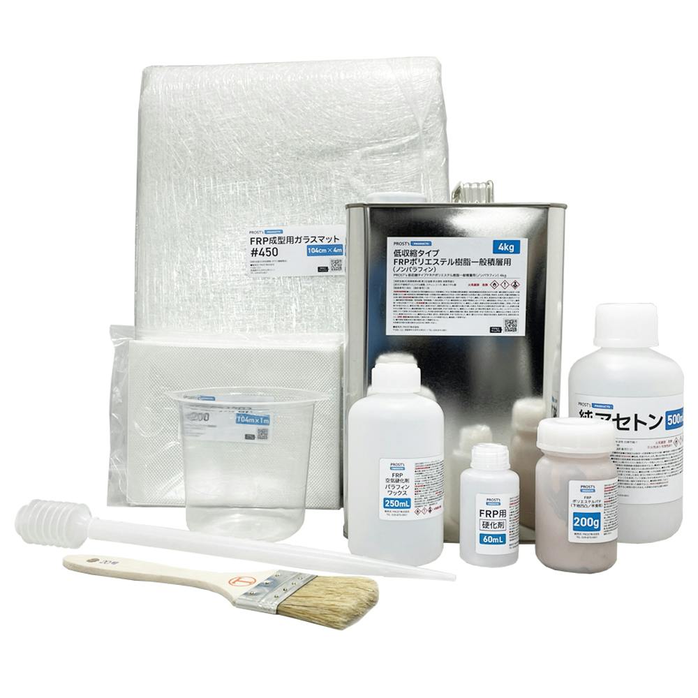 低収縮タイプパラフィン付FRP補修9点キット樹脂4kg一般積層用硬化剤ガラスマットアセトンパテクロス道具付 業務用・FRP 低収縮タイプパラフィン付FRP補修9点キット樹脂4kg一般積層用硬化剤ガラスマットアセトンパテクロス道具付 業務用・FRP
