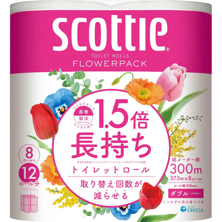【8パックまとめ買い】スコッティ フラワーパック 1.5倍巻き 【37.5m】×8ロール(ダブル)×8パック【送料込み】 #hrm-4901750263508