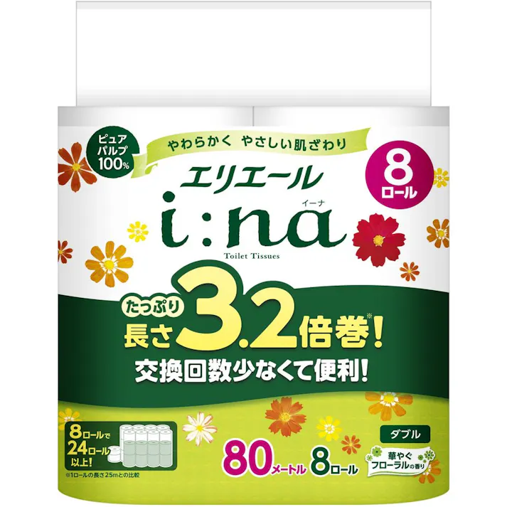 【8点まとめ買い】エリエールi:na(イーナ)トイレット3.2倍巻8R(ダブル) × 8点【送料込み】 #hrm-4902011825947