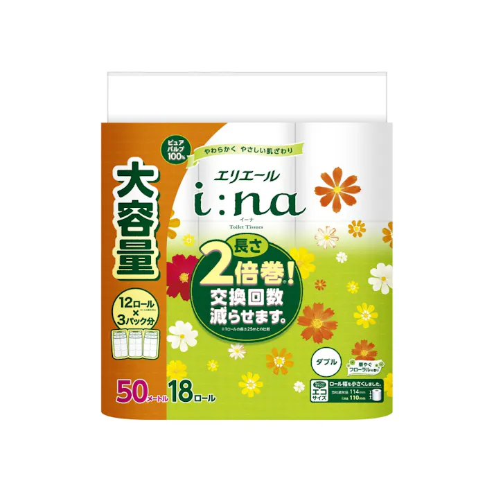【4点まとめ買い】エリエールi:na(イーナ)トイレットティシュー18R(ダブル) × 4点【送料込み】 #hrm-4902011825756
