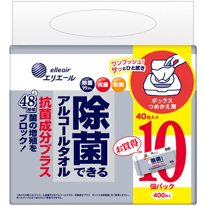 【10P×4点まとめ買い】エリエール 除菌できるアルコールタオル 抗菌成分プラス ボックスつめかえ用 40枚×10P × 4点【送料込み】 #hrm-4902011100648