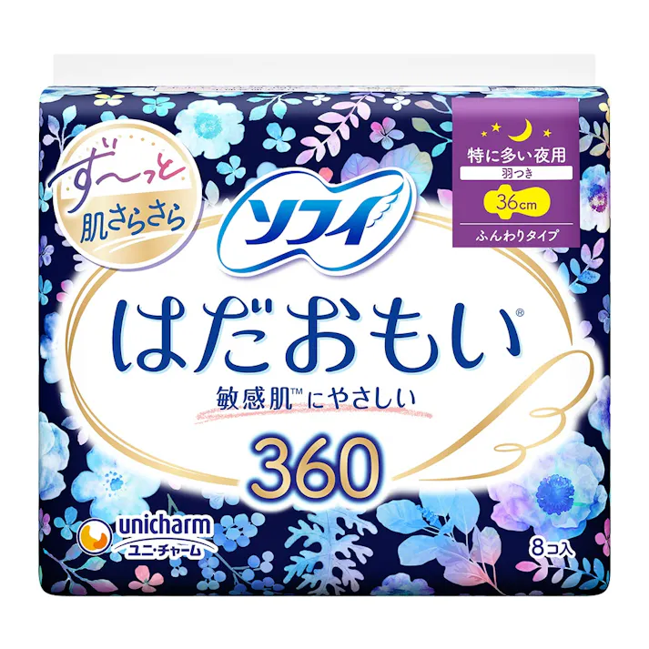 【ケース販売】【18点まとめ買い】ソフィ はだおもい 特に多い夜用 羽つき 36cm ふんわりタイプ 360 敏感肌にやさしい 8個入 ×18点 生理用ナプキン ユニチャーム【送料込み】 #hrm-4903111329359