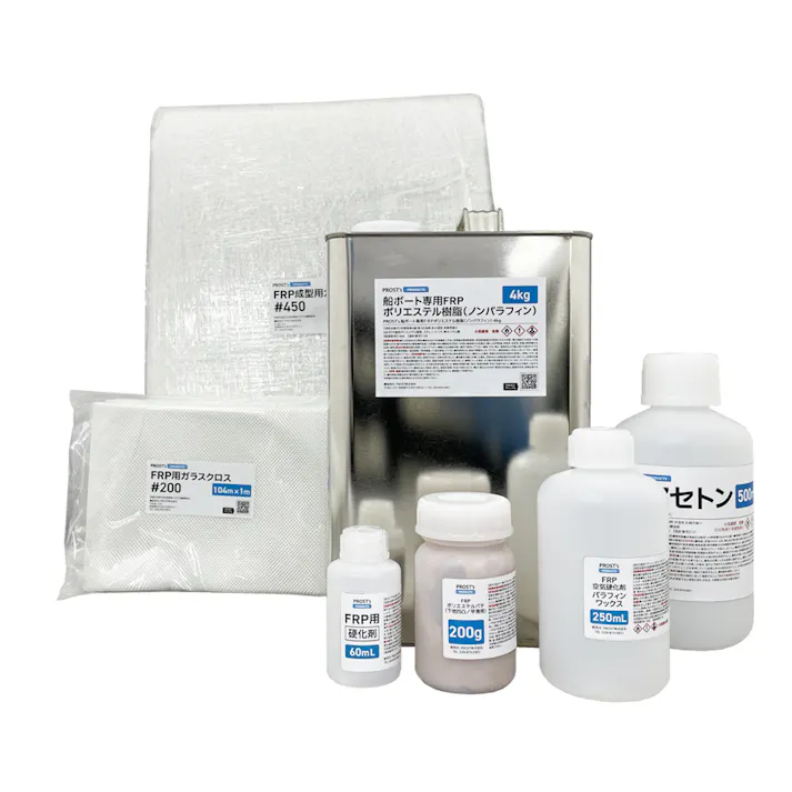 船・ボート専用 FRP補修6点キット 樹脂4kg ノンパラフィン(パラフィン付き) 硬化剤 ガラスマット クロス アセトン パテ付