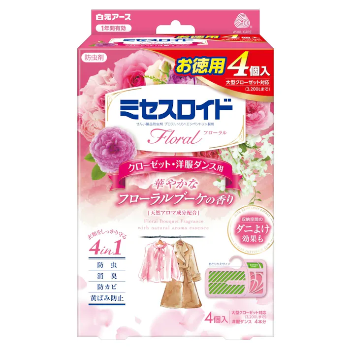 ミセスロイドフローラル クローゼット・洋服ダンス用 4個入 1年防虫 フローラルブーケの香り ×1点【送料込み】 #hrm-4902407126597