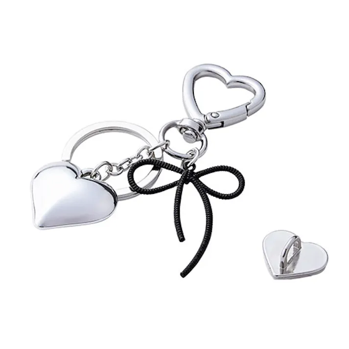 スマホチャーム ブラックリボン ストラップ 強力粘着 落下防止 シルバー