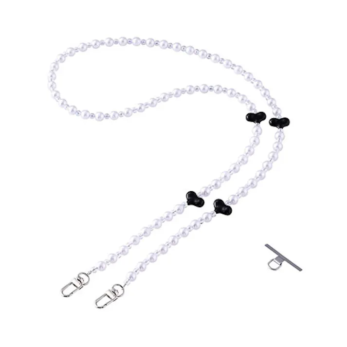 スマホストラップ ハートパールビーズ ショルダー 首掛け 落下防止 ブラッ