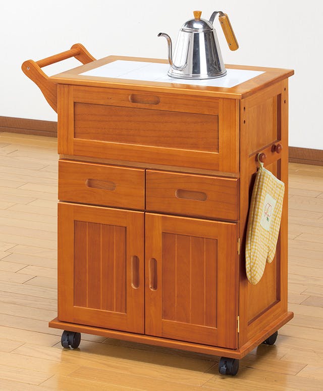 木製キッチンワゴン♦️タイル天板 引き出し♦️ライトブラウン♦️送料込 木製キッチンワゴン♦️タイル天板 引き出し♦️ライトブラウン