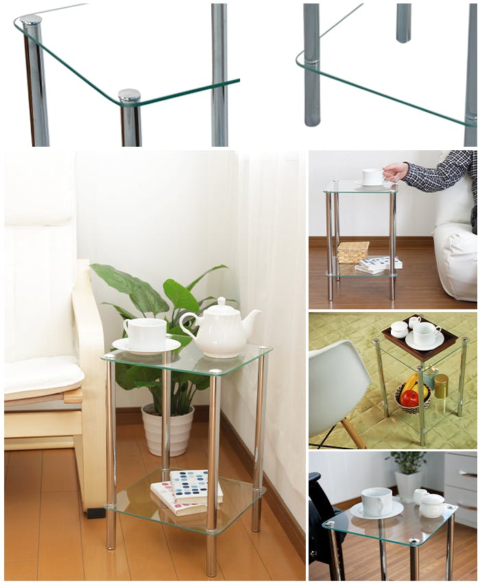 サイドテーブル ガラス おしゃれ 正方形 2段 サイドテーブル