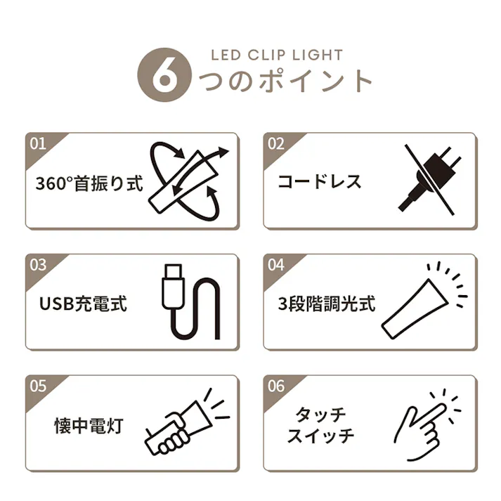 【コードレスLEDクリップライト】 ちあふる 備えて安心。普段はデスクライト、災害時は頼れる懐中電灯に マグネットヘッド クリップライト タッチスイッチ コードレス USB充電 コンセント JAN:4989409102323