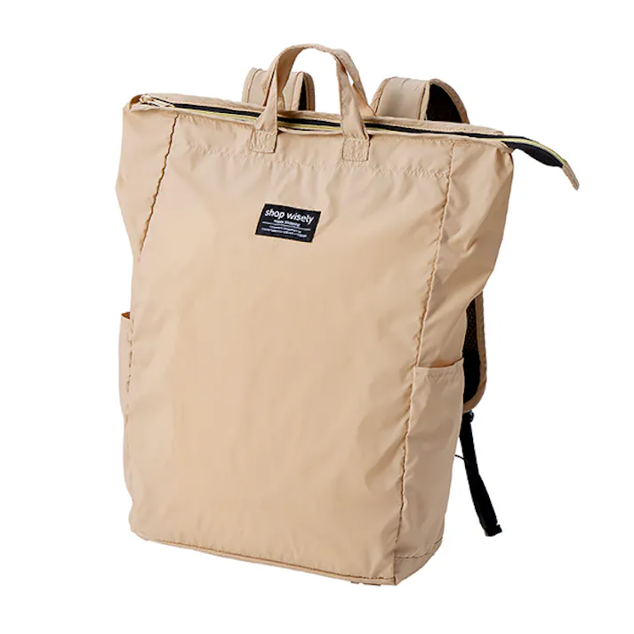 【手の平サイズに畳めるリュック(ベージュ)】 ちあふる ショルダーベルト 持ち運び リュック メッシュ ナイロン ファスナ アイロン クルッ ベルト ボタン JAN:4989409103337