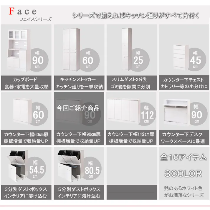 キッチンシリーズFace カウンター下収納 扉 幅90 ホワイト ランドリー ダイニング リビング 北欧 収納棚 ラック サイドボード キャビネット ホワイト おしゃれ キャビネット 開き 白 光沢 鏡面 収納 すきま すきま収納 隙間 隙間収納 すき間