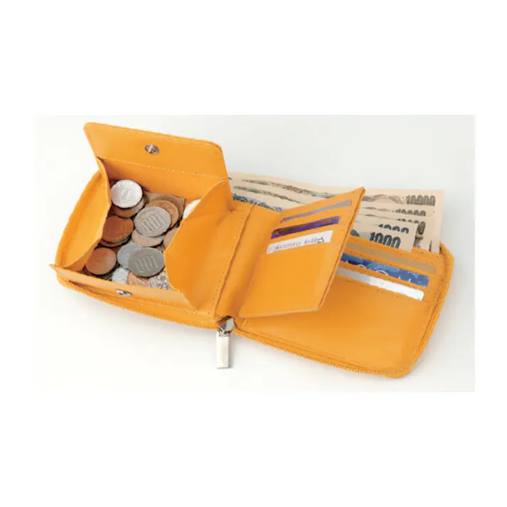 牛床革 2つ折り ラウンド 財布 イエロー コンパクトなのに見た目以上の収納力の2つ折り財布 小銭入れ ラウンドファスナー付き ポケットいっぱい18個 送料込み #flife-4573336393628