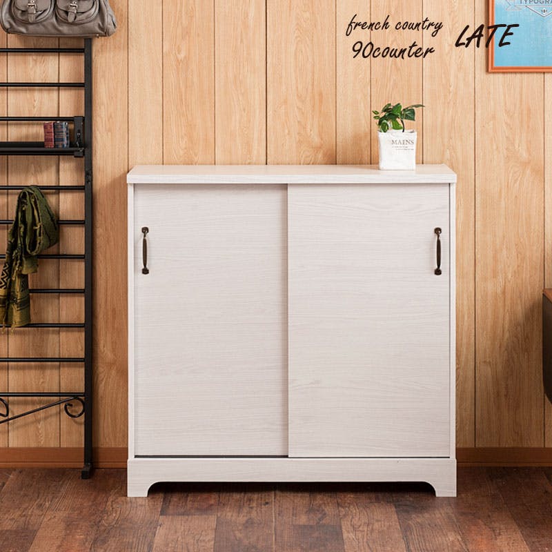 Late】ラテシリーズ カウンター下収納引戸キャビネット 90幅 ホワイト