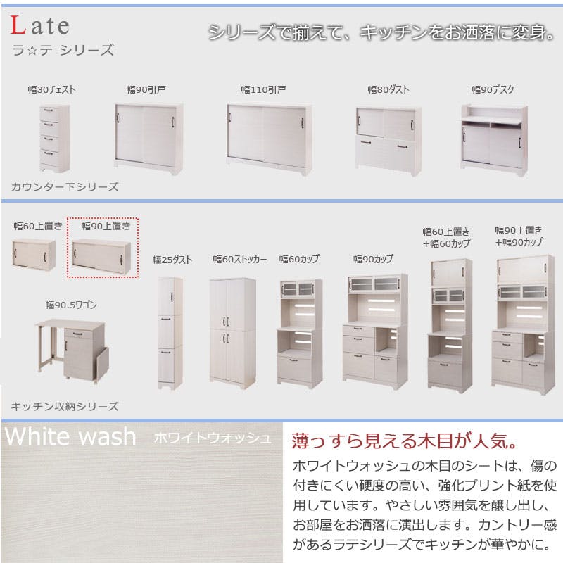 Late】ラテシリーズ キッチンボード用上置き90幅 ホワイト色 可動棚