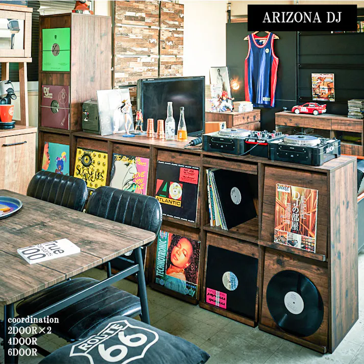 【ARIZONA DJブース2】カッコよさが違う!両面ディスプレイが新登場 レコードラック2DOORタイプ レコード収納 ディスプレイラック レコード棚 lp cd 棚 本棚 フラップ扉 収納棚 収納ラック 木製 ターンテーブル 台 ブラウン ヴィンテージ レコードプレーヤー台