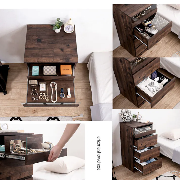 【ARIZONA】シークレット収納付き 全段スライドレール付き 幅45cmスリムチェスト ハイチェスト ローチェスト 引出し 引き出し ヴィンテージ ブラウン ガラスショーケース タンス 収納棚 ラック 木製 おしゃれ 衣類収納 箪笥 アクセサリー収納 A4収納 防犯 防犯グッズ