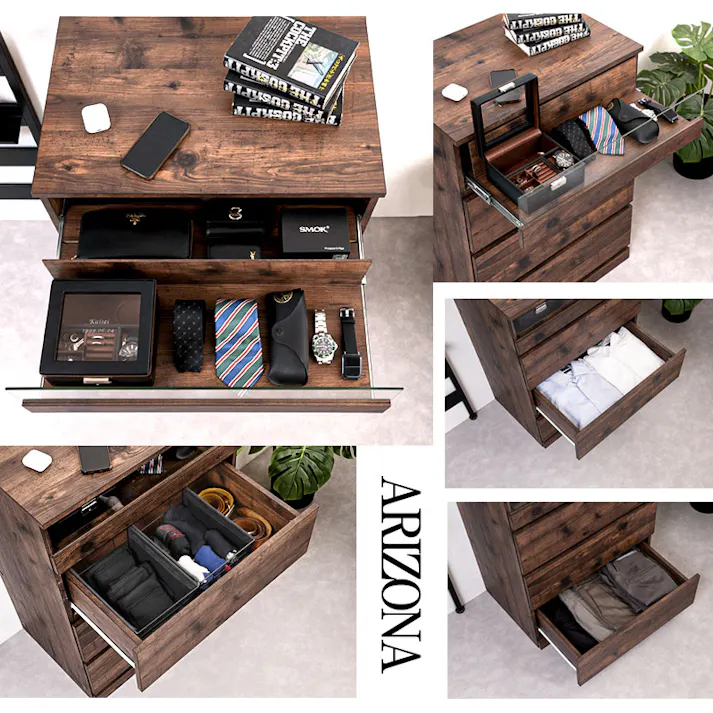 【ARIZONA】シークレット収納付き 全段スライドレール付き 幅60cmスリムチェスト ハイチェスト ローチェスト 引出し 引き出し ヴィンテージ ブラウン ガラスショーケース タンス 収納棚 ラック 木製 おしゃれ 衣類収納 箪笥 アクセサリー収納 A4収納 防犯 防犯グッズ