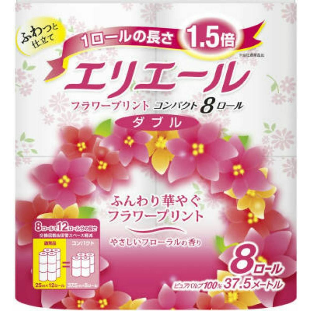 【12点まとめ買い】エリエール トイレットティシュー フラワープリント コンパクト 8R（ダブル） × 12点【送料込み】 トイレットペーパー ＃hrm-4902011122954