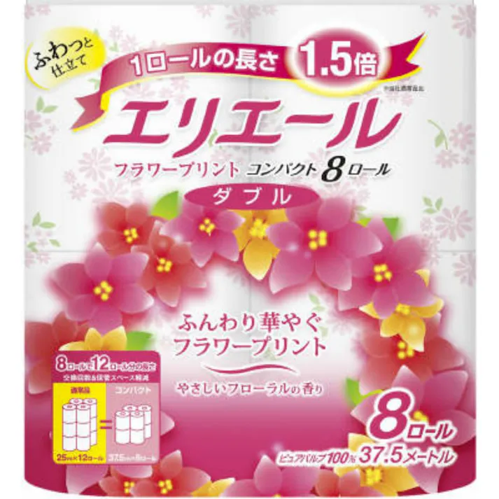 【12点まとめ買い】エリエール トイレットティシュー フラワープリント コンパクト 8R(ダブル) × 12点【送料込み】 トイレットペーパー #hrm-4902011122954