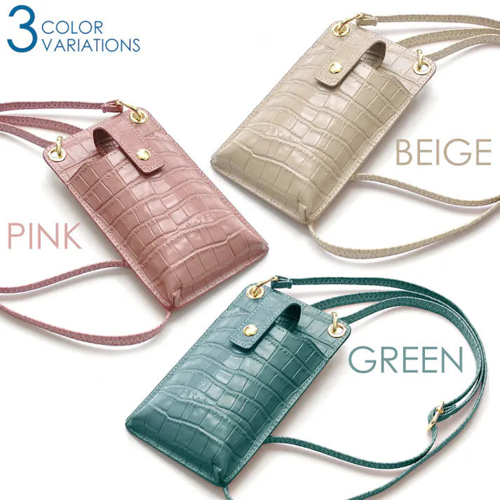 牛革クロコ型押しショルダースマホポーチ AN-3155 【MOMO】レディースポシェット/ピンク #flc-an-3155pk
