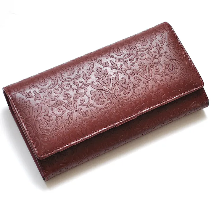 スマホも入る牛革草木柄大容量財布 AN-3157 【MOMO】/プラントパターン長財布/ワイン #flc-an-3157wn