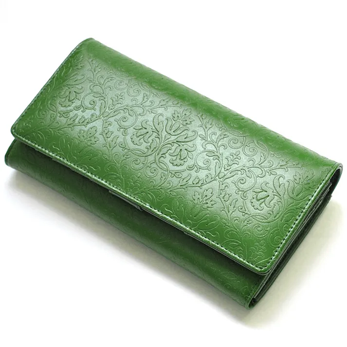 スマホも入る牛革草木柄大容量財布 AN-3157 【MOMO】/プラントパターン長財布/ワイン #flc-an-3157wn