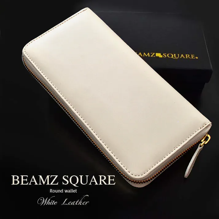 マットホワイト×ゴールドカラー 牛革ラウンドファスナー長財布 BS-15805WH【BEAMZSQUARE】/風水/金運/ホワイト #flc-bs-15805wh
